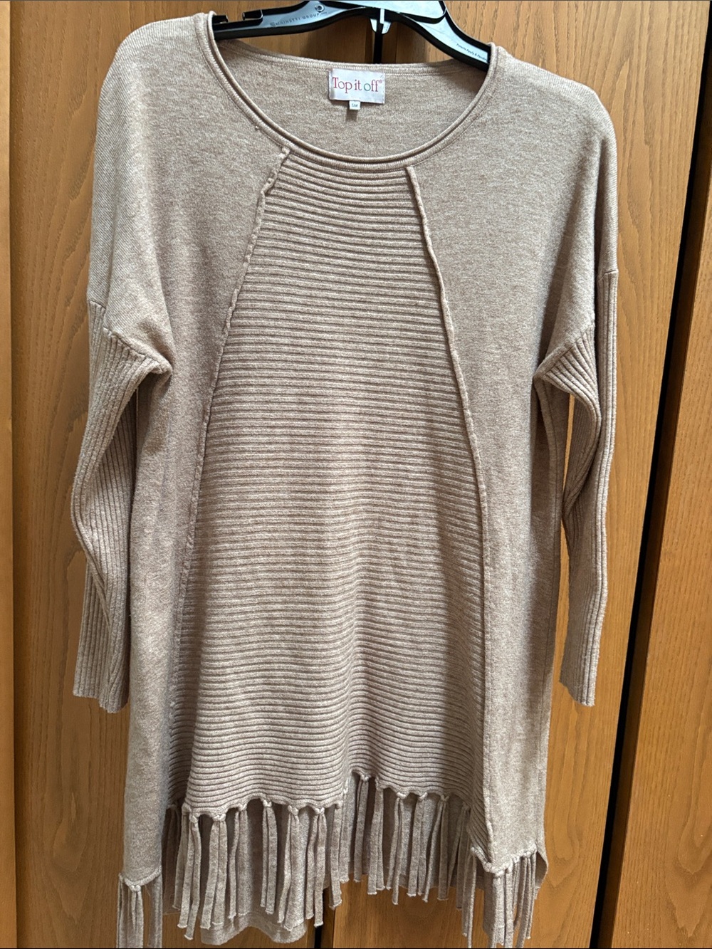 Top It Off Women's Fringe Hem Rib-Panel Sweater - Taupe